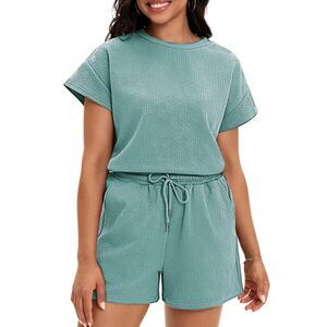 Lounge Sets 2 Piece Outfits Short Sleeve Tops Drawstring Short Sets Green
